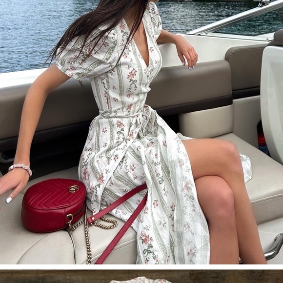 Reformation Dresses & Skirts - Reformation Cream Floral Stripe Wrap Midi Dress with Pink Blossoms